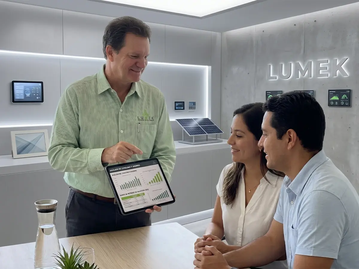 Asesor energético de LUMEK explicando análisis de consumo