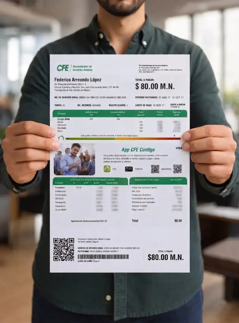 Persona mostrando un recibo de electricidad CFE con pago reducido